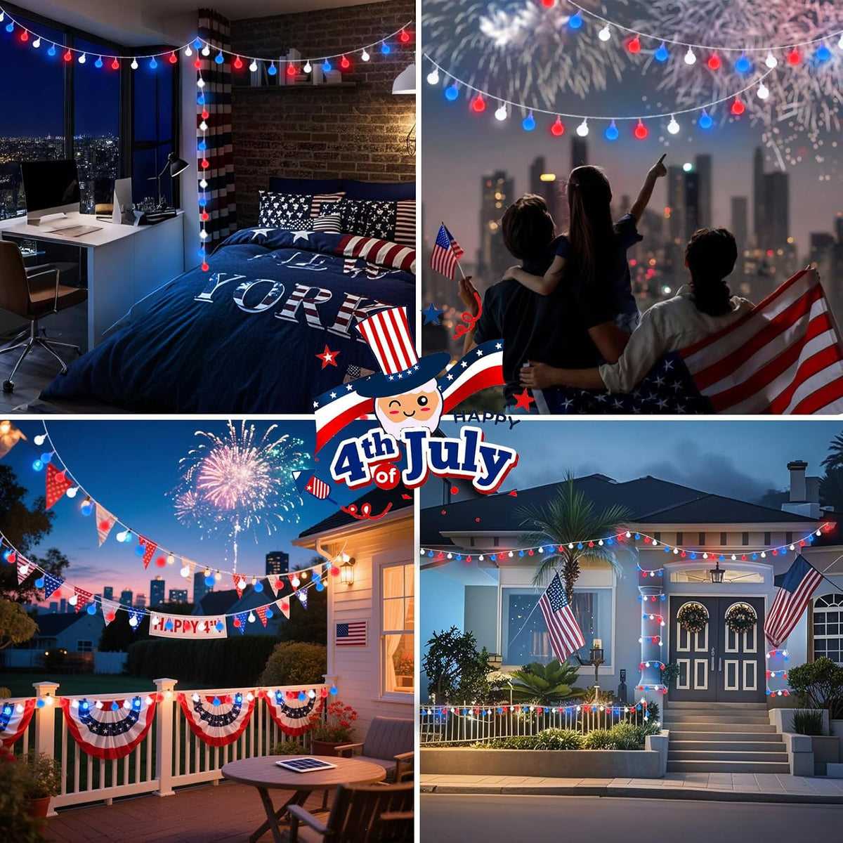 Connectable Red White and Blue String Lights Outdoor Indoor, 42FT 100LED 4th of July Decorations