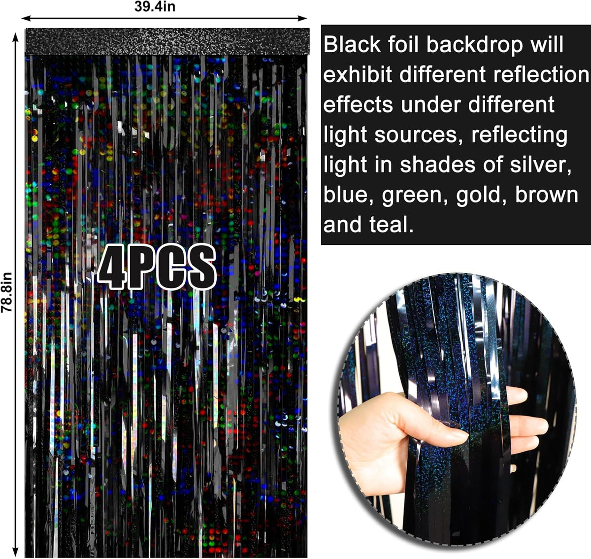 4 Packs Black Foil Fringe Curtain, Glitter Metallic Tinsel Backdrop for Birthday, Wedding, Bridal