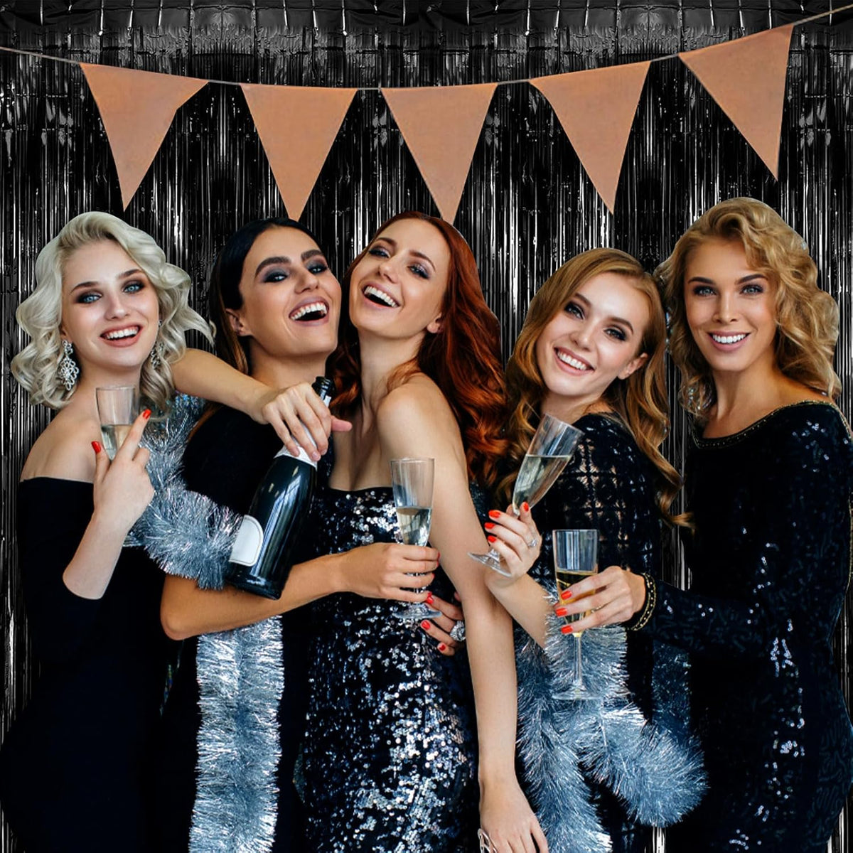 2 Pack Black Party Streamers Backdrop Tinsel Foil Fringe Curtains Halloween Party Decorations
