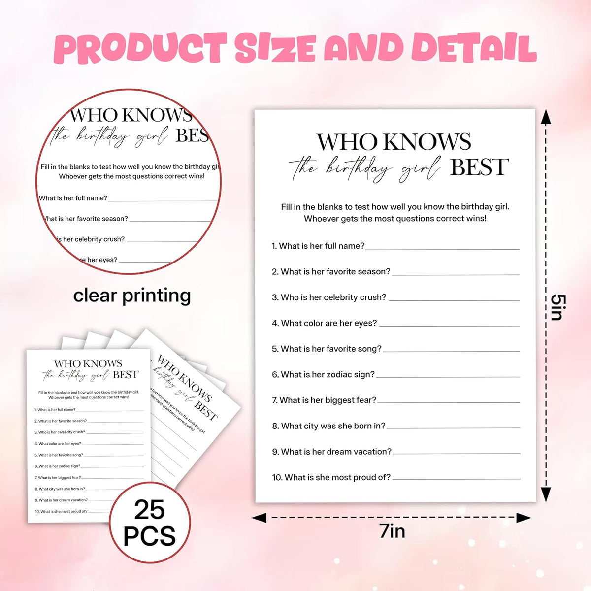 Birthday Party Games, Who Knows Her Best, 25 Pcs Card Set for Guests, Fun Birthday Game for Teen