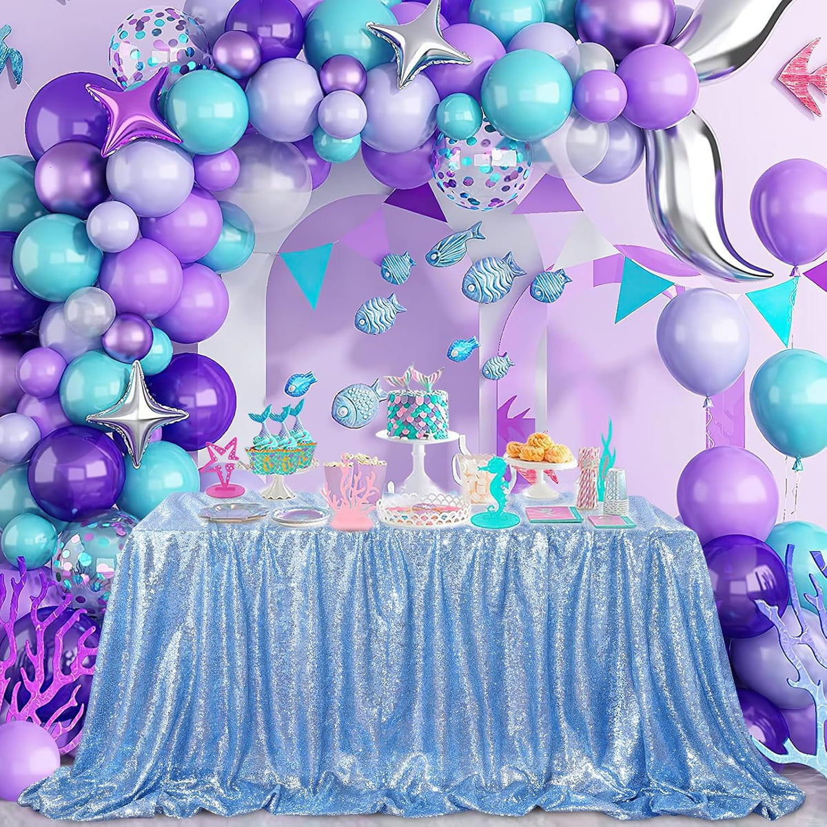 QueenDream Sparkly Sequin Tablecloth - Baby Blue Table Cloth 50x80 Inches Rectangle Table Overlay
