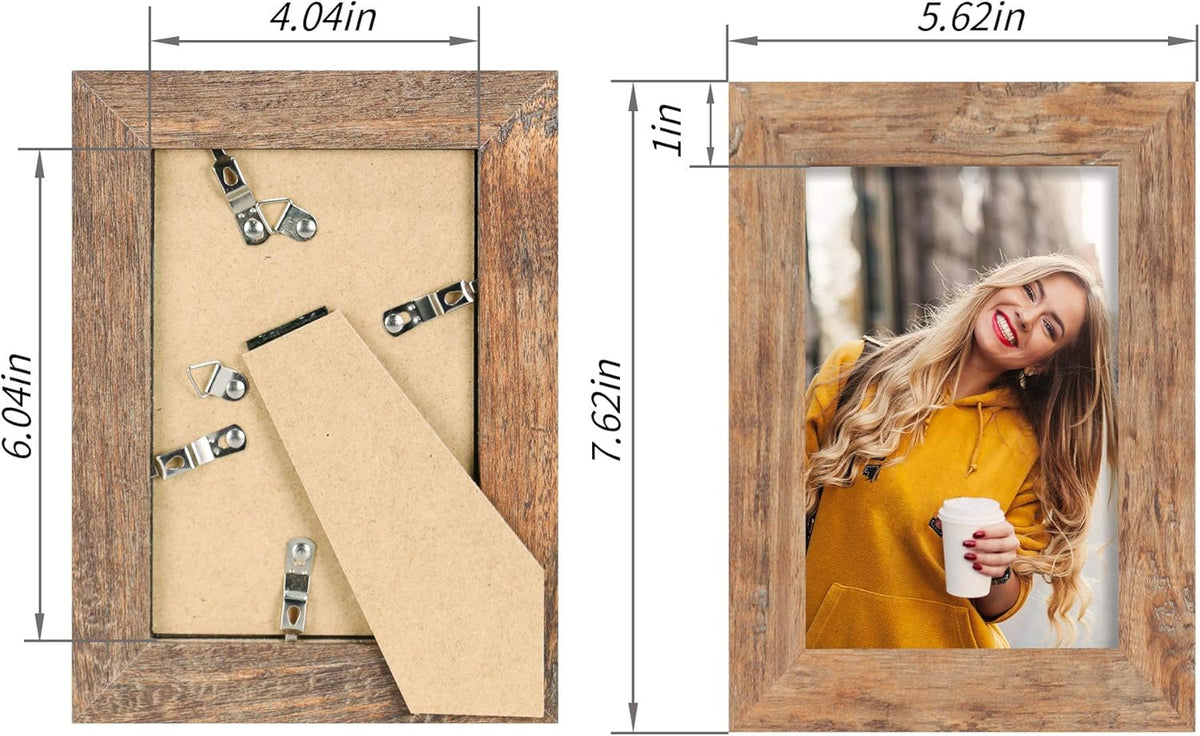 4x6 Picture Frame Set of 4, High Definition Real Glass Rustic Brown Frame, 4 x 6 Wood Photo Frames