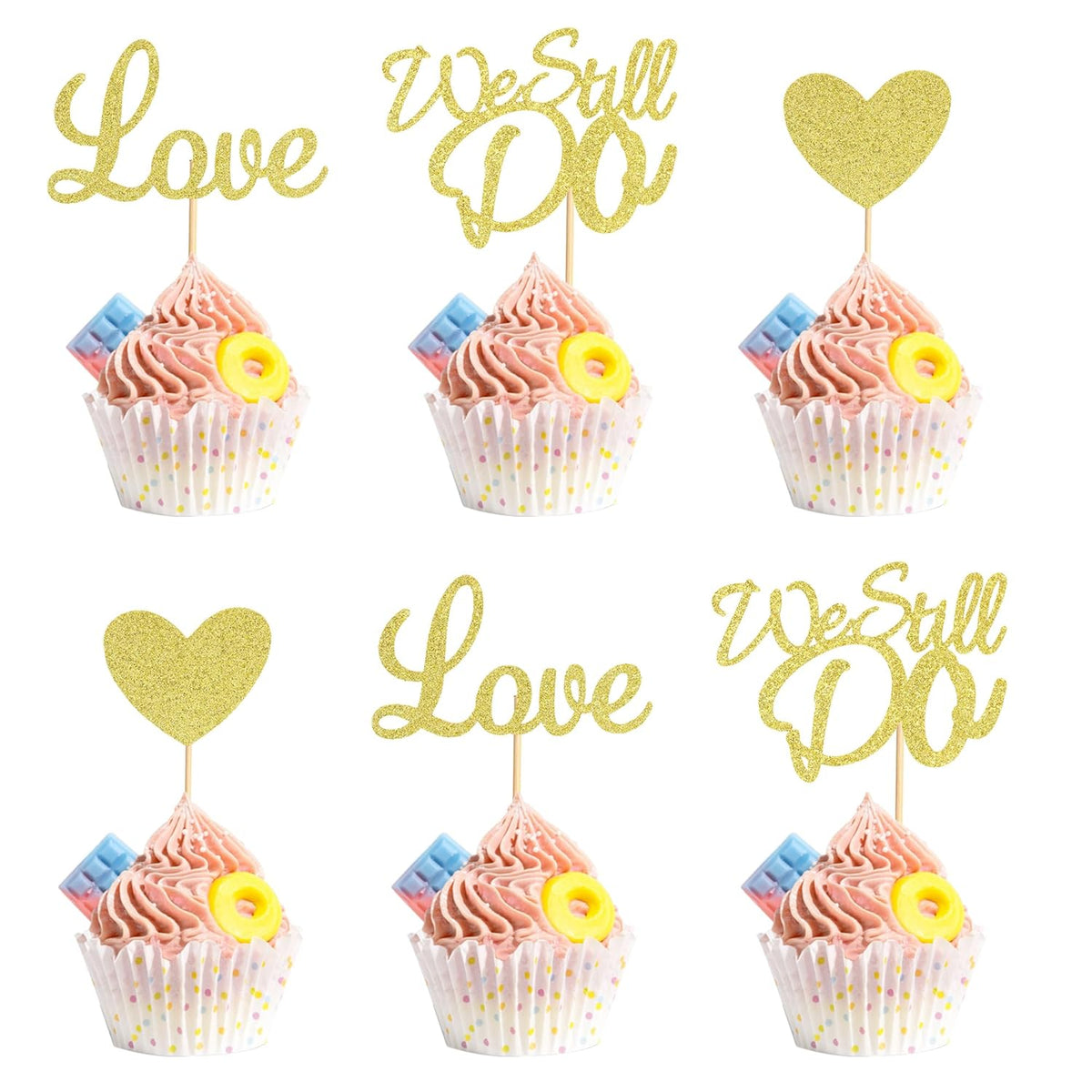24Pcs We Still Do Cupcake Toppers Glitter Love Heart Marriage Anniversary Cupcake Picks Bridal
