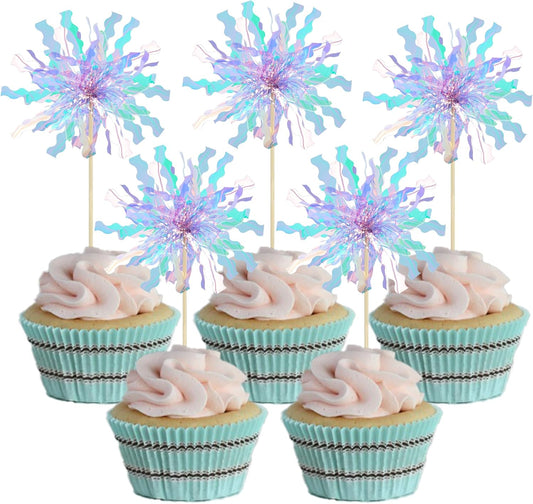 Gyufise 20Pcs Foil Firework Cupcake Toppers Happy Birthday Cake Toppers Sparkle Tinsel Flower Drink