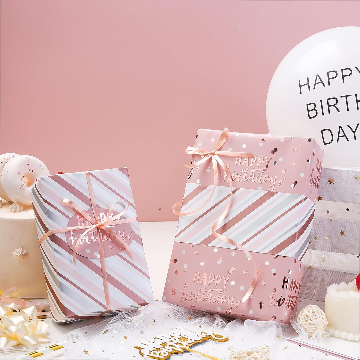 LeZakaa Reversible Pink Birthday Wrapping Paper Roll for Girls Women, Happy Birthday Lettering &