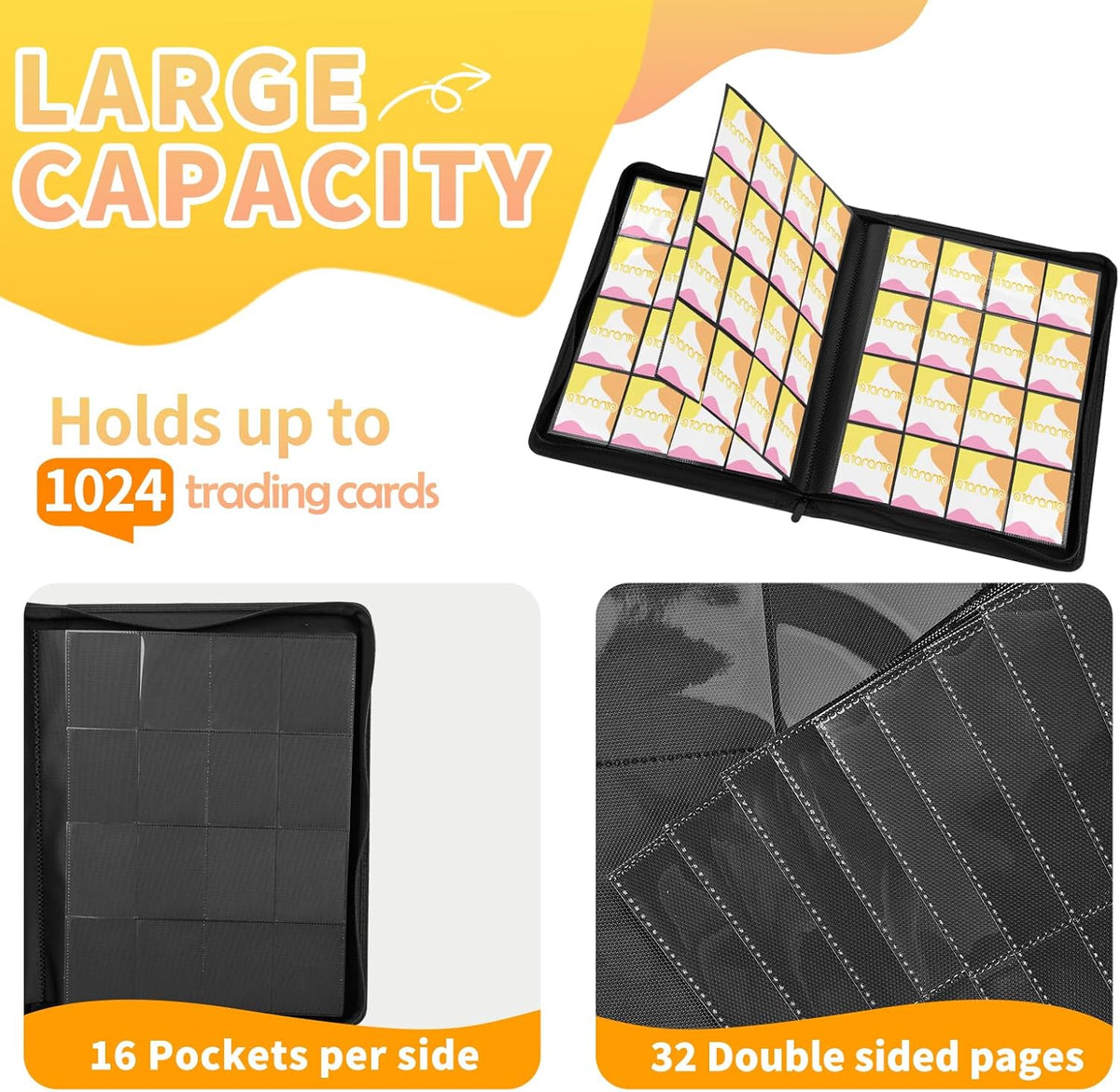 Premium 1000+ Pockets Trading Card Binder, 16-Pocket Ringless Side-Loading Album for TCG, MTG