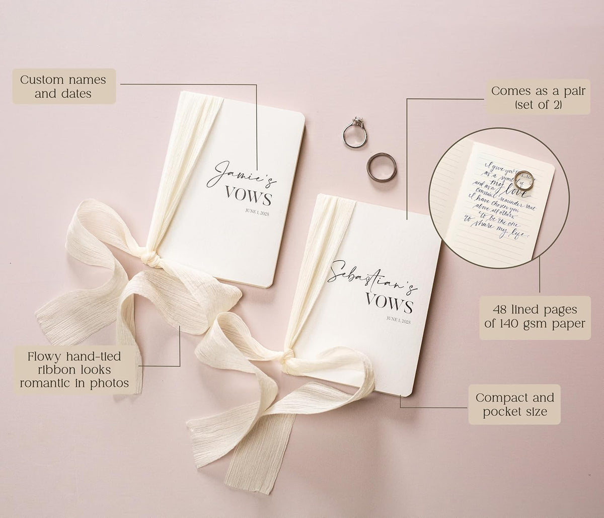 Modern Album Designs Set of Custom Slim White Vow Books w/Ribbon (Set of 2) - 5.625 x 4 Minimalist