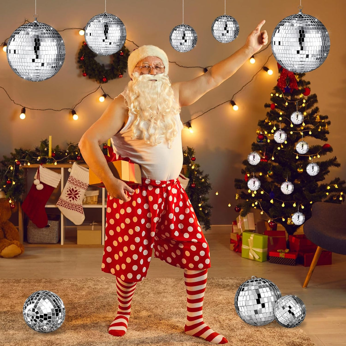 Haull 8 Pcs Large Disco Ball Set Silver Mirror Disco Reflective Ball with Hanging Ring Party