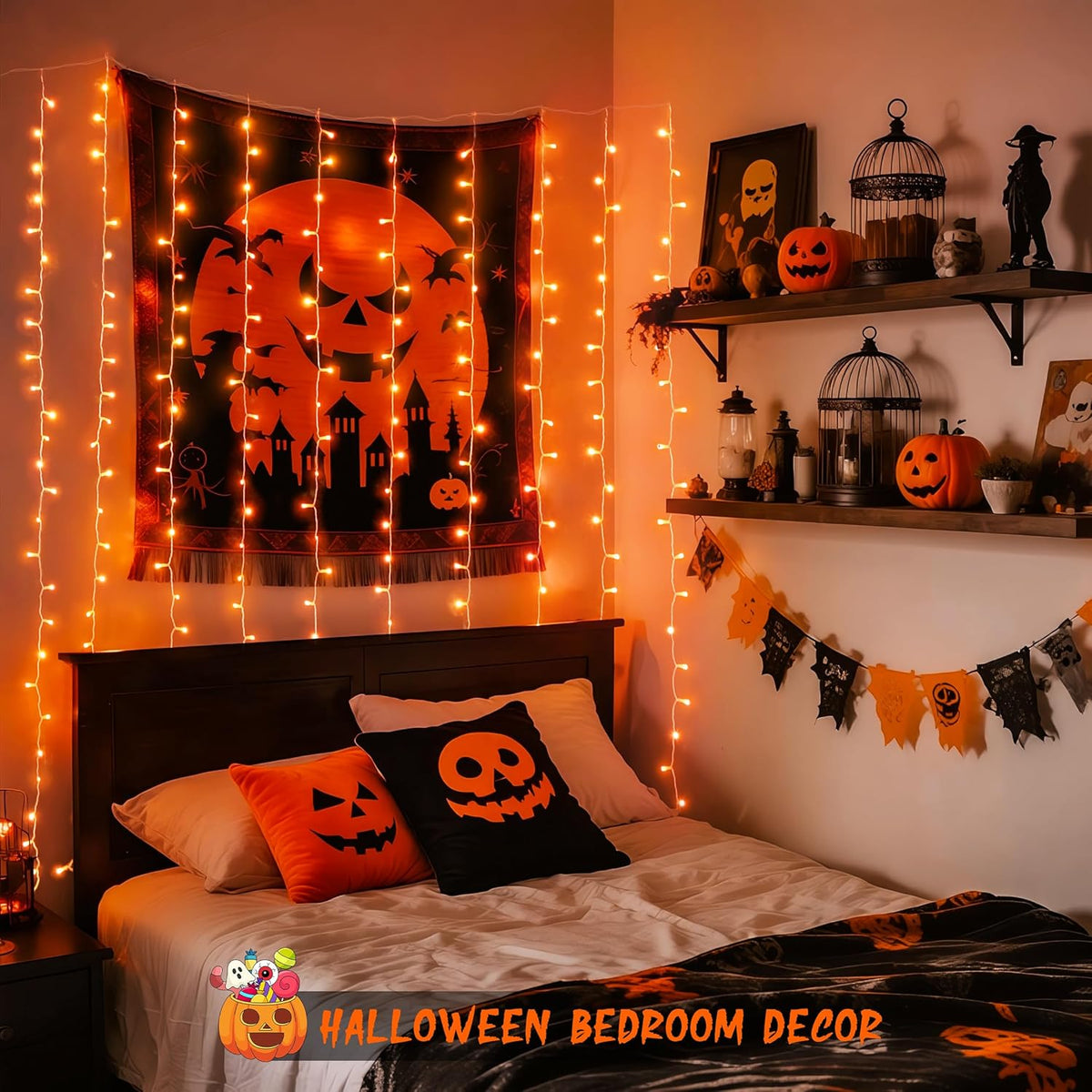 JMEXSUSS 300LED Orange Halloween Lights with Remote, 9.8x9.8ft Halloween Curtain Light, 8 Modes