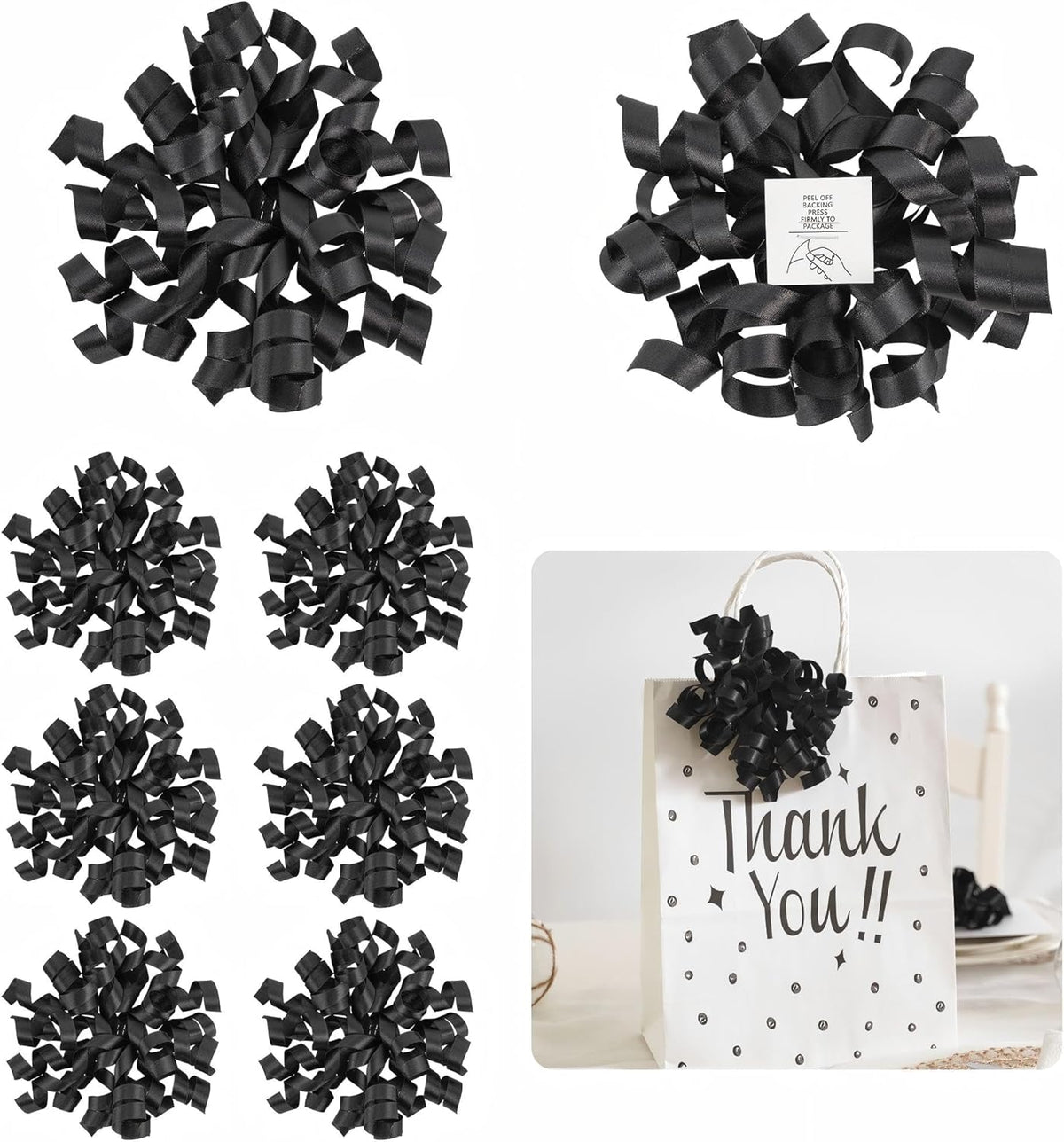 5 Inch Black Bows Curly Ribbon Bows for Gift Wrapping, Satin Bows with Double-Sided Tape, Self