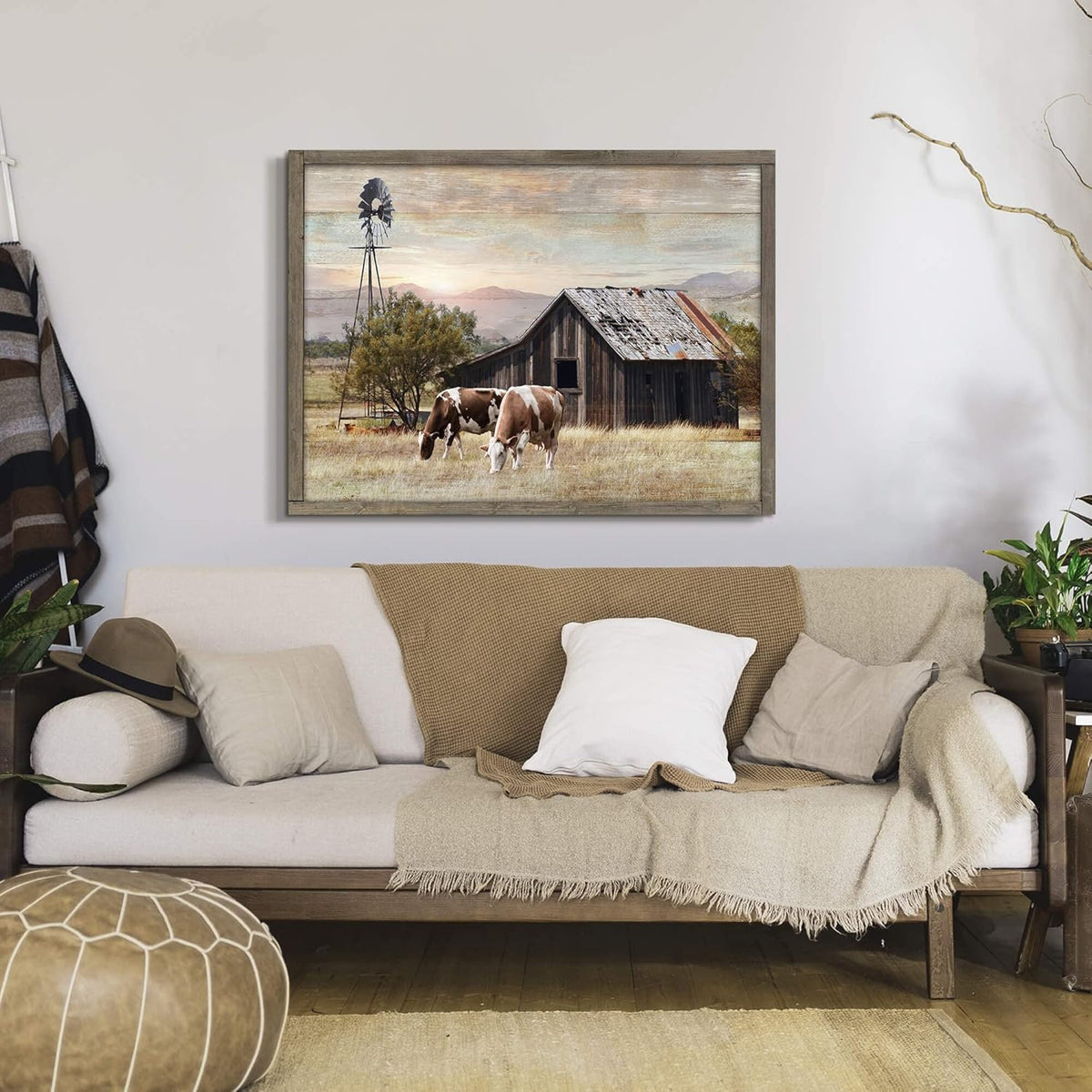 Rustic Wall Decor Barn Framed - Vintage Farmhouse Cow & Windmill Landscape Picture Artwork for Home