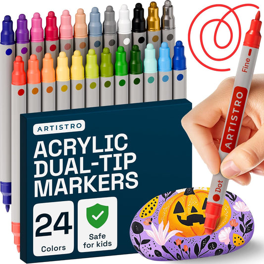 ARTISTRO Acrylic Paint Markers for Rock, Fabric, Wood, Glass, Craft - 24 Quick Dry Dual-Tip Paint