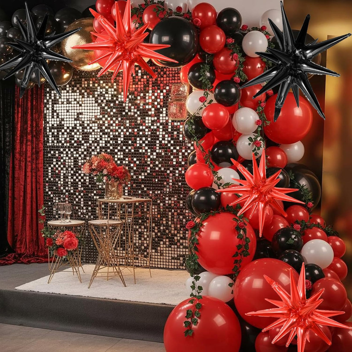 Black Red Star Balloons,9Pcs 22Inch Black Red Explosion Spike Cone Helium Polyester Film Star Foil