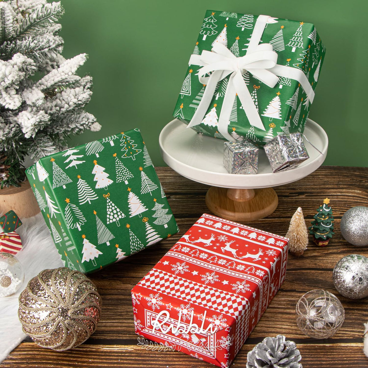 Ribbli Christmas Wrapping Paper Reversible Green Christmas Tree and Red Reindeer Gift Wrapping