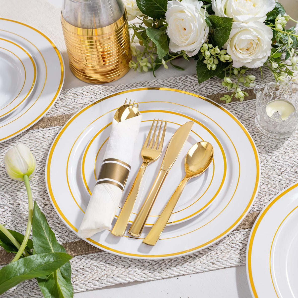 WELLIFE 350-Piece Gold Disposable Plates and Cutlery Set - Premium 10.25" Dinner Plates, 7.5"