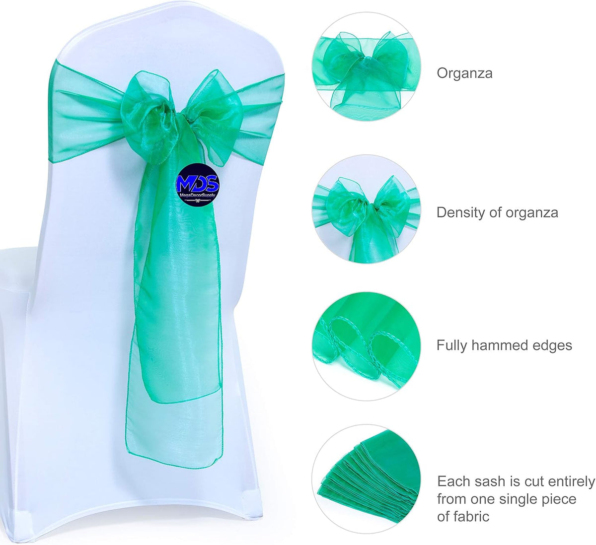 MDS Pack of 125 PCS Organza Chair Sashes Wider Dining Chair Bows Ribbon Tie Back for Wedding Party