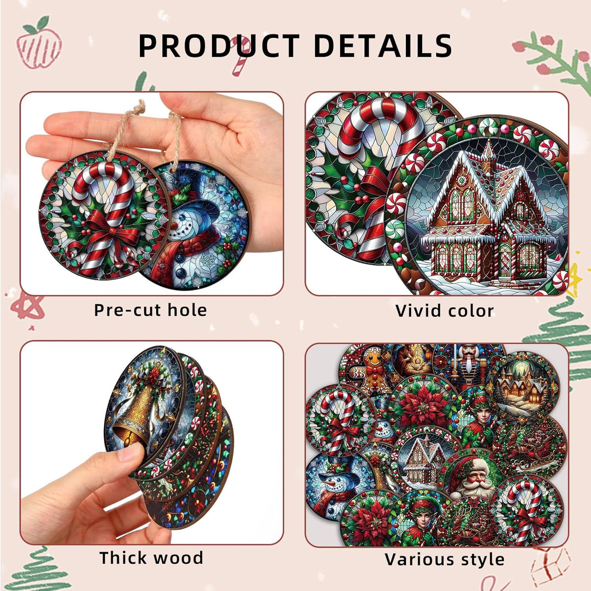 Suzile 36 Pcs Christmas Wooden Ornaments Vintage Christmas Decoration Oil Painting Round Ornaments