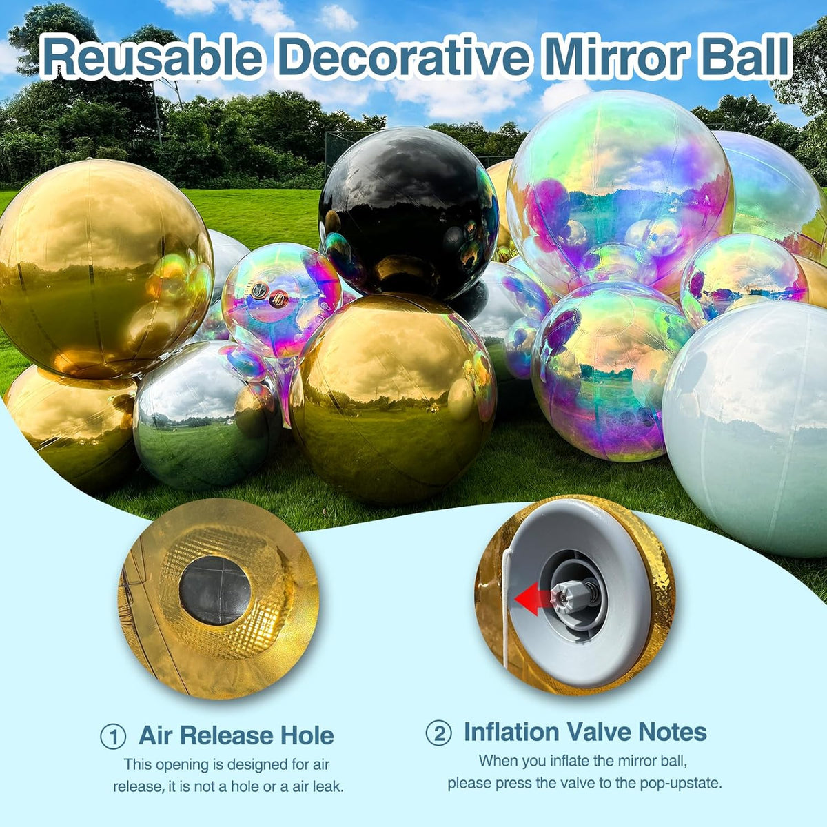 3PCS Silver Inflatable Mirror Ball, Big Shinny Balls Reusable Large PVC Disco Ball Balloon for