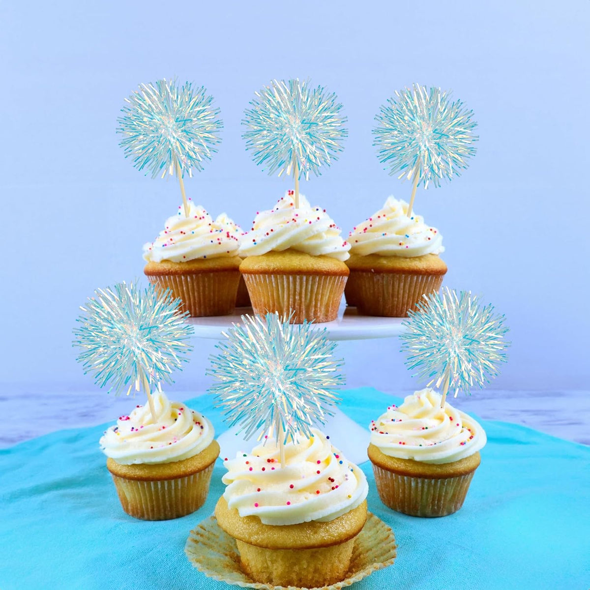 Ephlyn 30Pcs Foil Firework Cupcake Toppers Party Birthday Cake Toppers Supplies Sparkle Tinsel