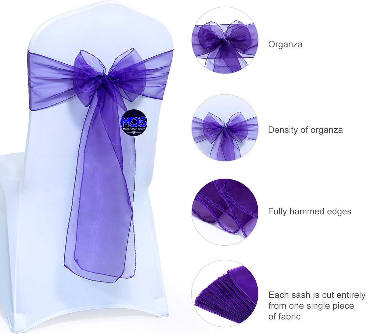 MDS Pack of 125 PCS Organza Chair Sashes Wider Dining Chair Bows Ribbon Tie Back for Wedding Party