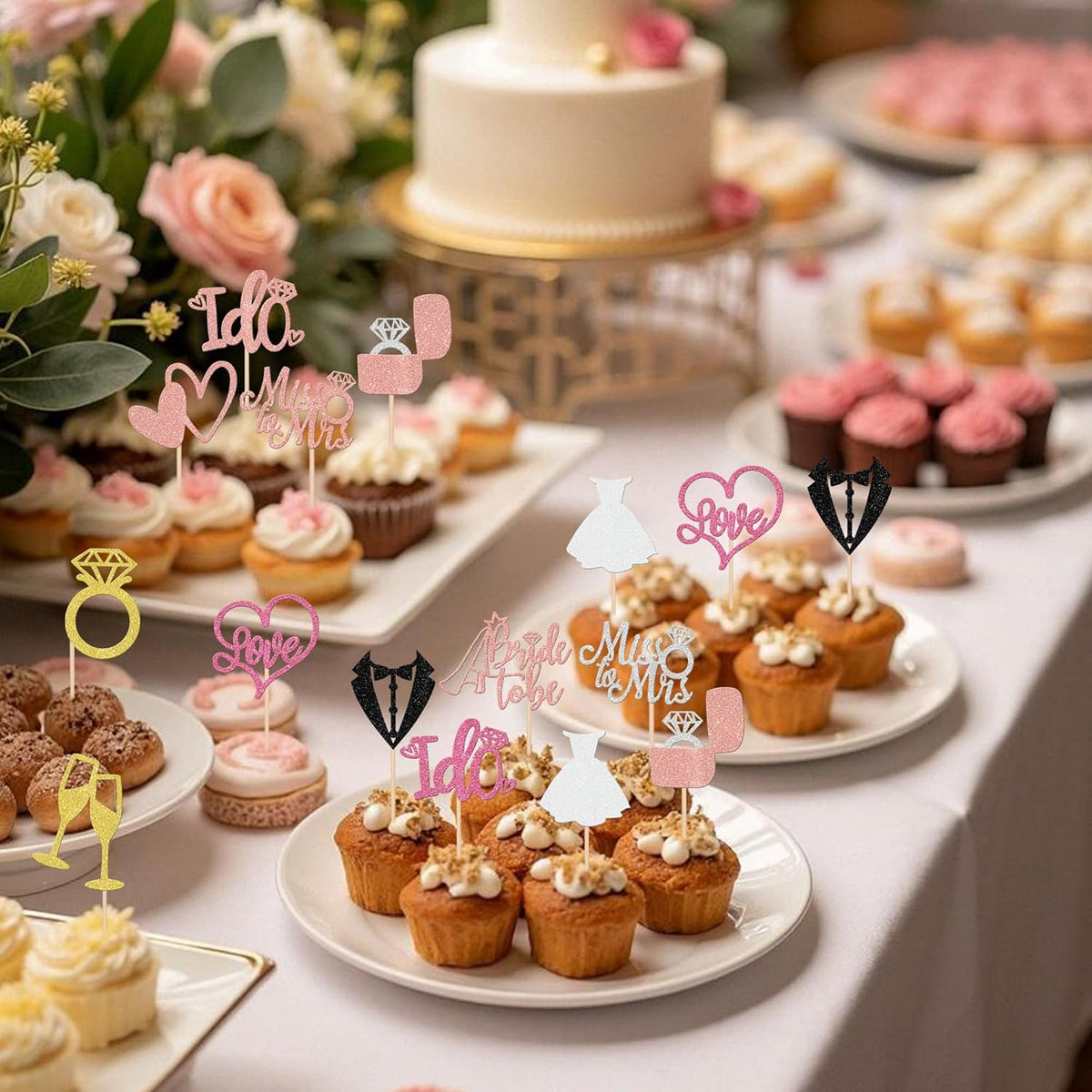 30 PCS Bride to Be Cupcake Toppers Wedding Cake Toppers I Do Love Heart Ring Miss to Mrs Cupcake