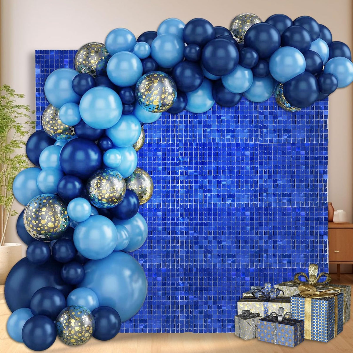 24PCS Blue Shimmer Wall Backdrop, Square Sequin Backdrops Panel, Glitter Wall Background for