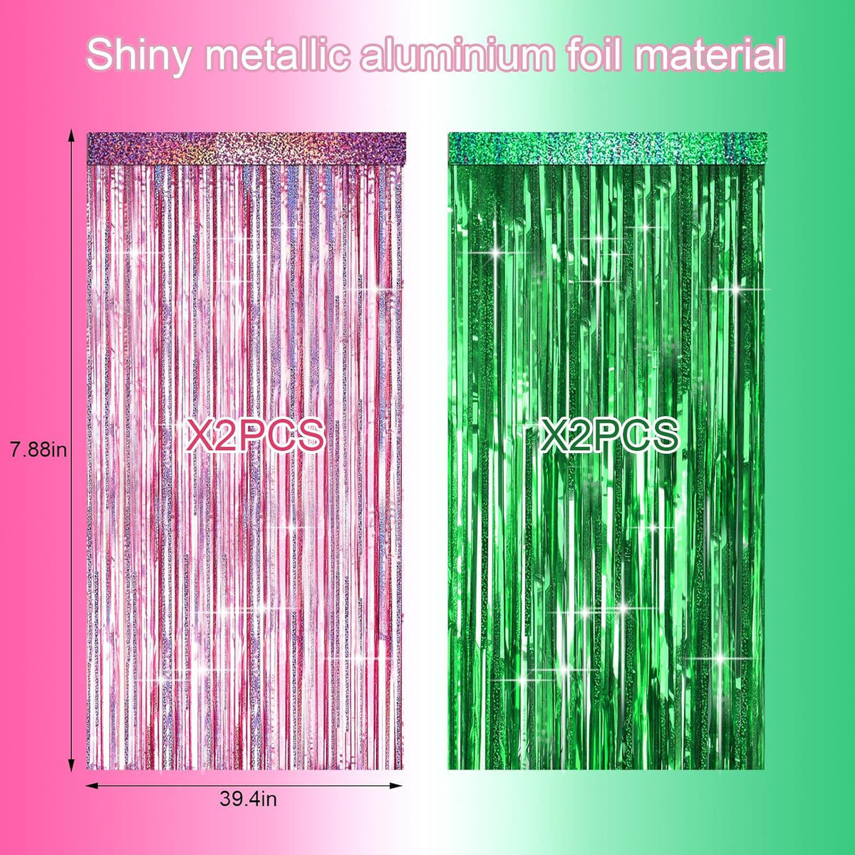 4 Packs Pink and Green Foil Fringe Curtain, Pink Green Metallic Tinsel Backdrop for Birthday, Baby