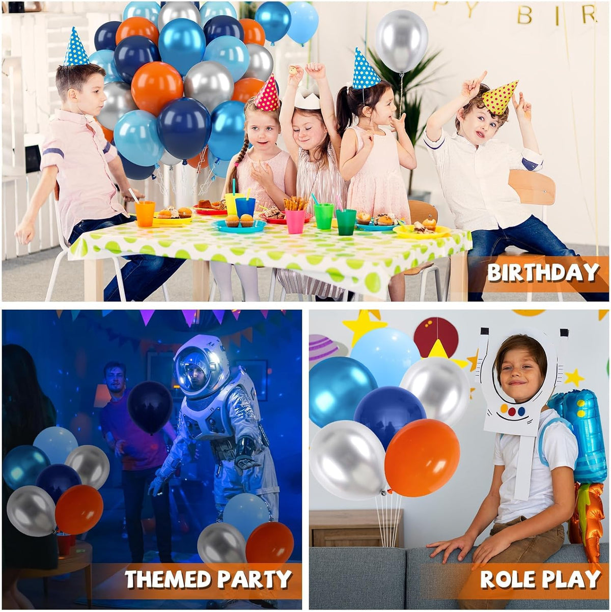 Paready Blue and Orange Balloons, 50 Pcs Astronaut Balloons with 12 Inch Navy Blue Metallic Blue
