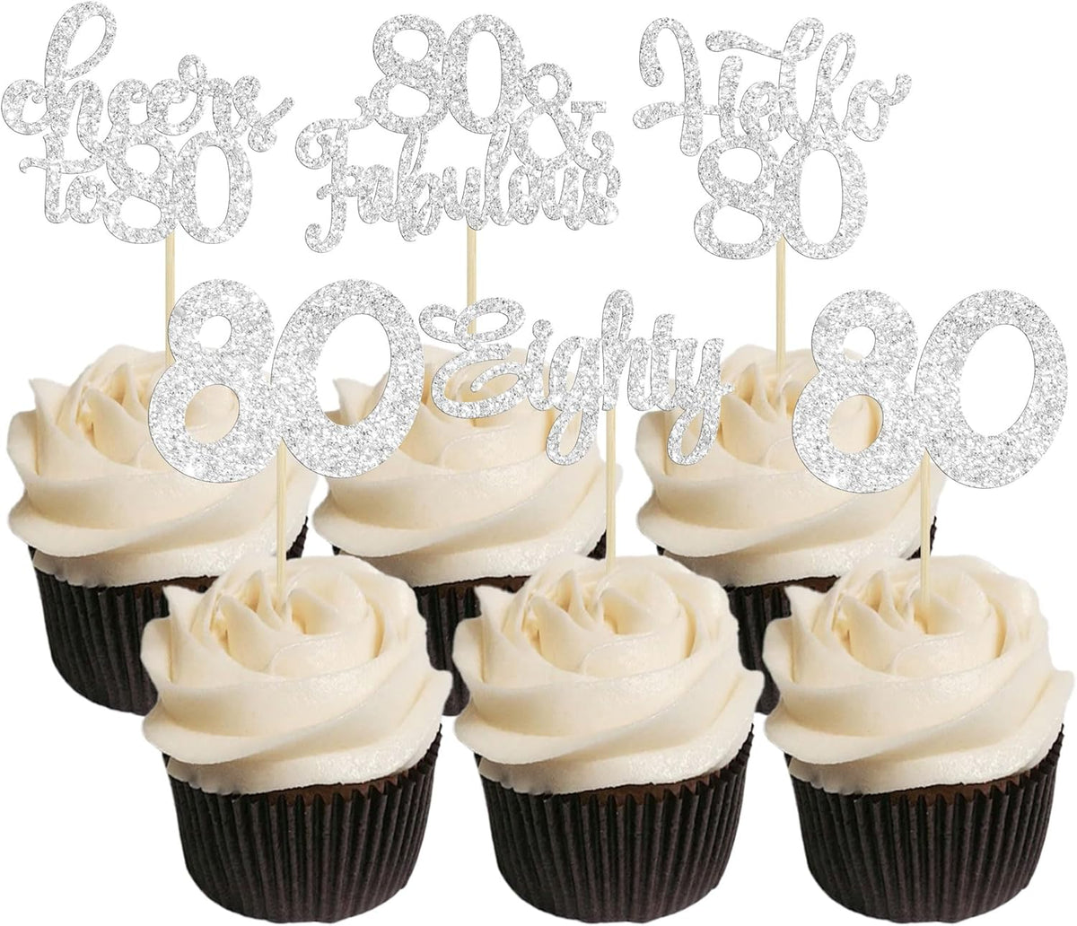 30Pcs Happy 80th Birthday Cupcake Toppers Eighty Cheers to 80 Years Old Birthday Cupcake Picks for