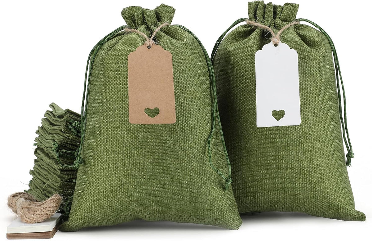 Tapleap Gift Bags - 30Pcs 7x10 Green Burlap Sacks with Tags and String for Wrapping Halloween