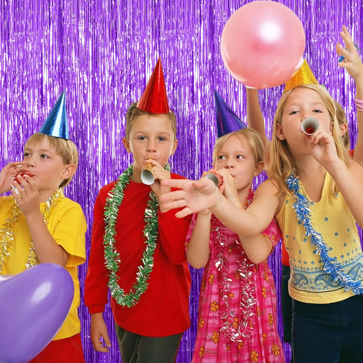 2 Pack Foil Curtain Backdrop Purple Metallic Tinsel Foil Fringe Curtains Photo Booth Props for