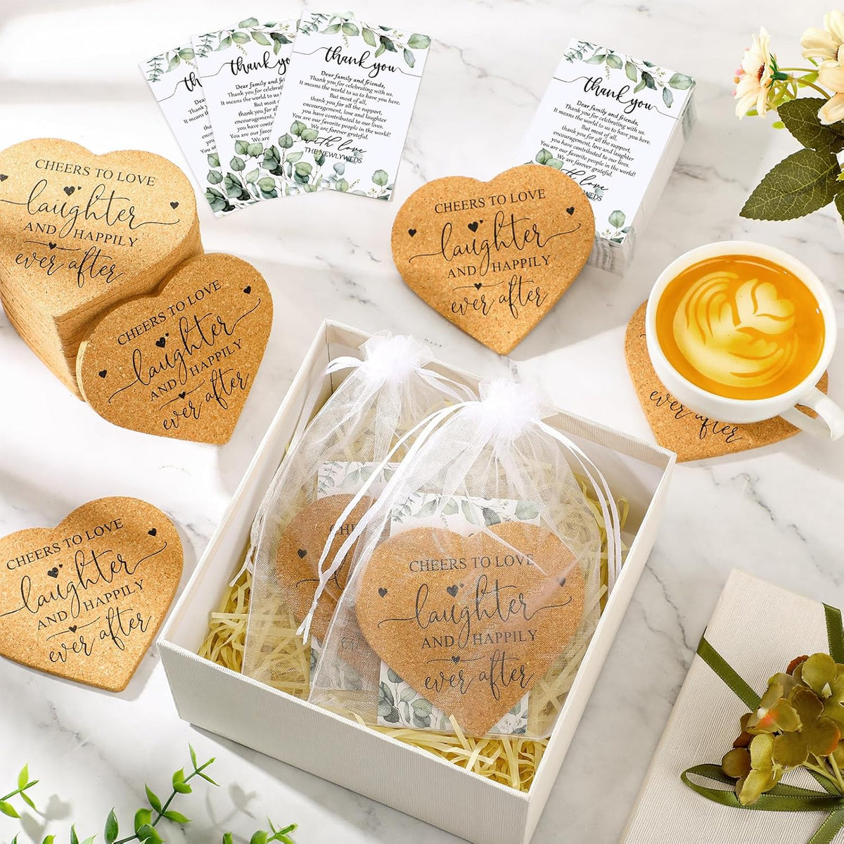 Uiifan 100 Set Wedding Favors for Guest Coaster Gifts Bulk Heart Shaped Coasters Thank You Cards