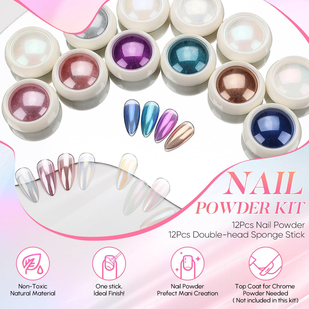 AIMEILI Pearl Nail Powder, Vegan, Cruelty Free, 12 Colors Chrome Aurora Metallic Holographic Mirror