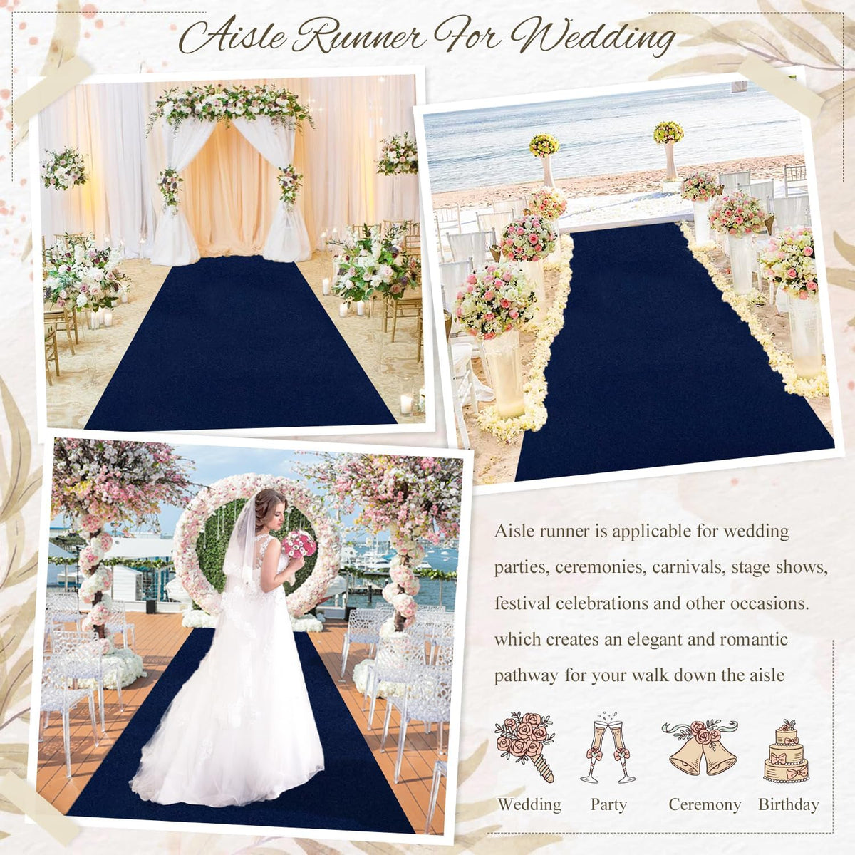 MODFUNS Aisle Runners for Wedddings Navy Blue Aisle Runner Rug 4FTx25FT Velvet Carpet Wedding