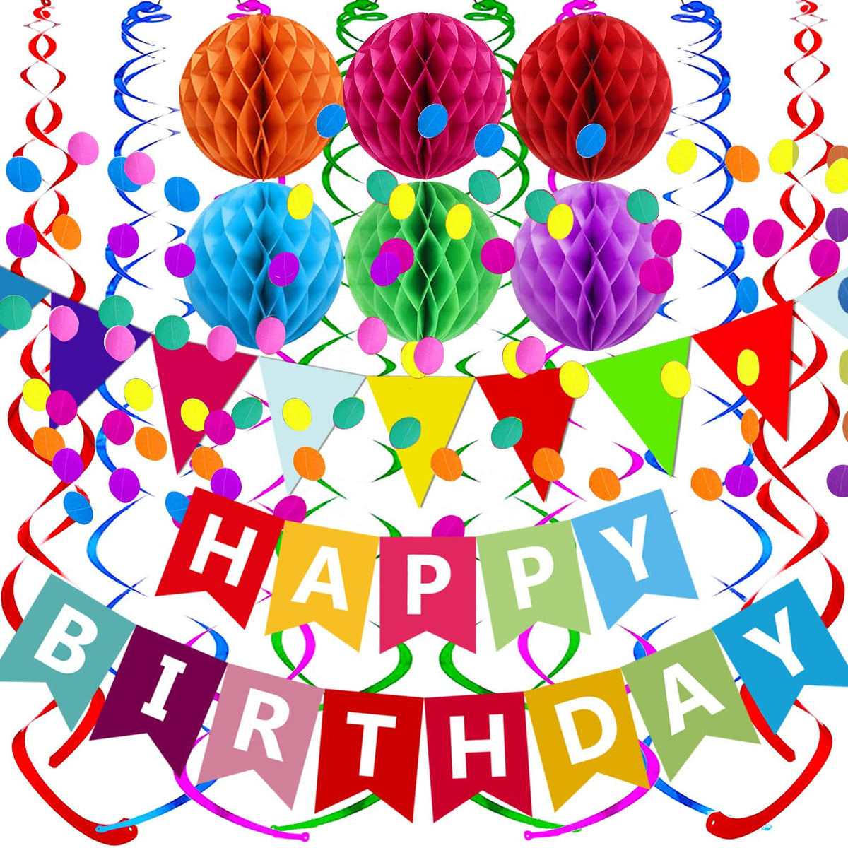 Fecedy Happy Birthday Banner With Colorful Paper Flag Bunting Paper Circle Confetti Garland Swirl