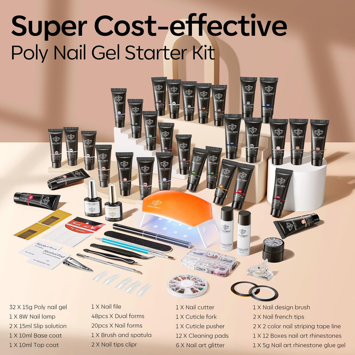 Modelones 133pcs Poly Nail Gel Kit, 32 Colors Earthy Tones Complete Extension Gel Nail Kit with 8W