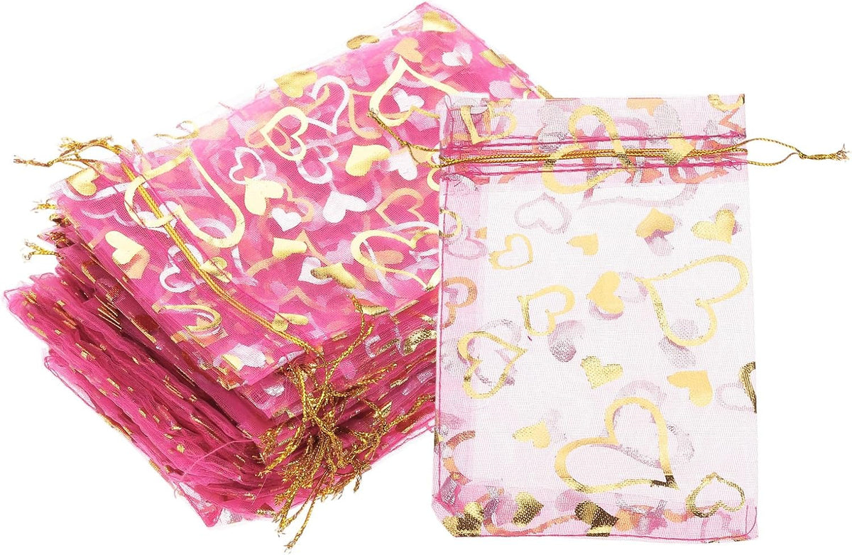 PATIKIL 100 Pcs 4x6 Inch Heart Printed Organza Bags, Rose Red Sheer Heart Organza Bags with