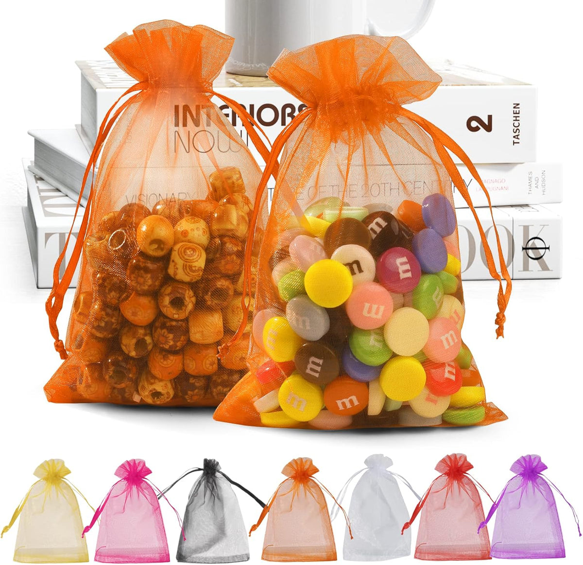 ANZNKU 100 Pack Organza Bags - 4x6 inch Small Sheer Mesh Gift Bags with Drawstring - Premium Orange