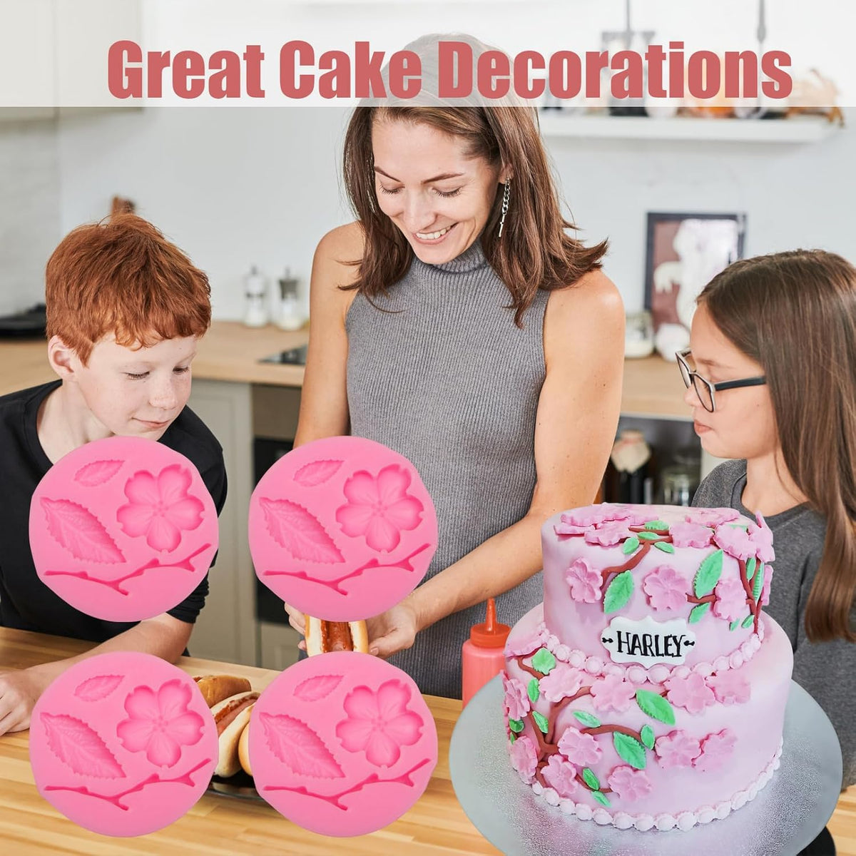 Peach Blossom Shape Molds 4 Pcs, Plant Flowers Leaf Fondant Silicone Molds for Cake Decoration