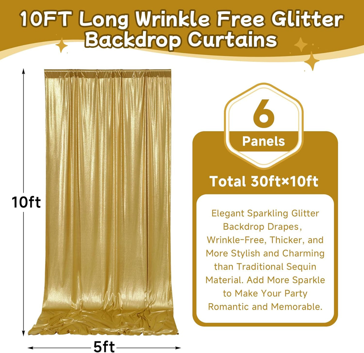 leegleri 30x10ft Thick Gold Glitter Backdrop Curtain Panels for Parties, Wrinkle Free Sparking