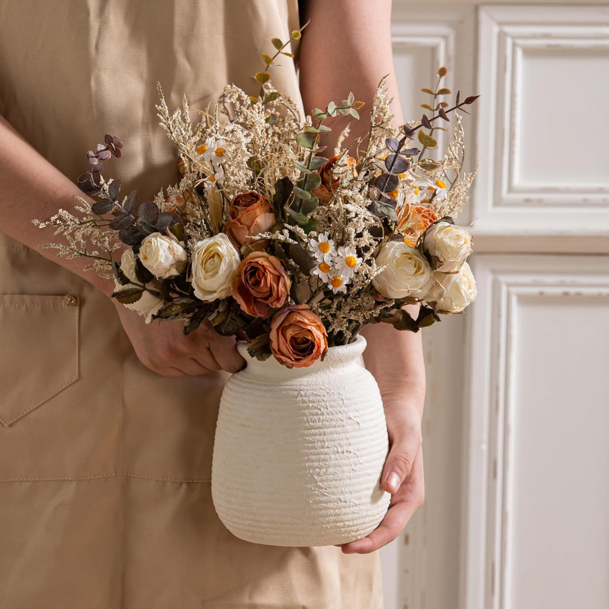 Ceramic Flower Vase, 6“ Small Rustic Farmhouse Vases Home Decor, Short Pottery Decorative Pampas