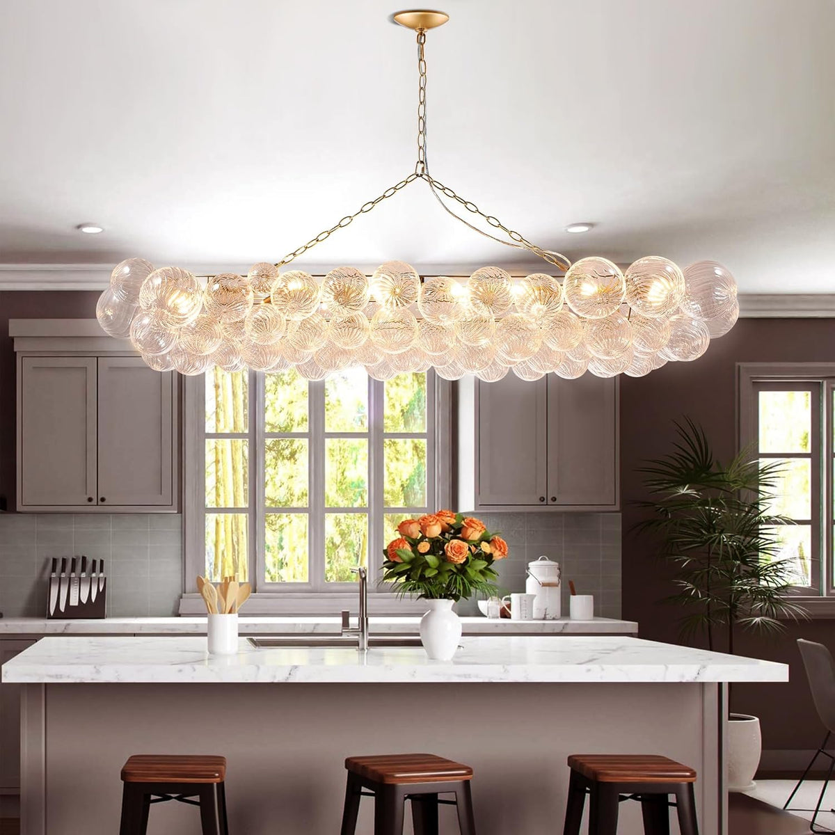 Nordic Bubble Ball Swirled Glass Chandelier, 62 inch Long Rectangular Chandeliers Island Light