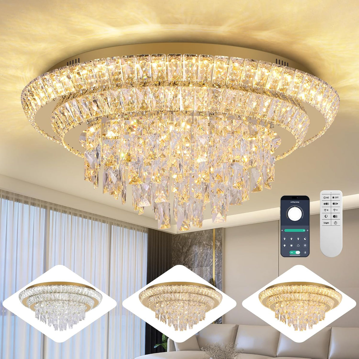 24 inch Crystal Gold Ceiling-Light Flush Mount with Remote Control and APP, 3CCT Dimmable &