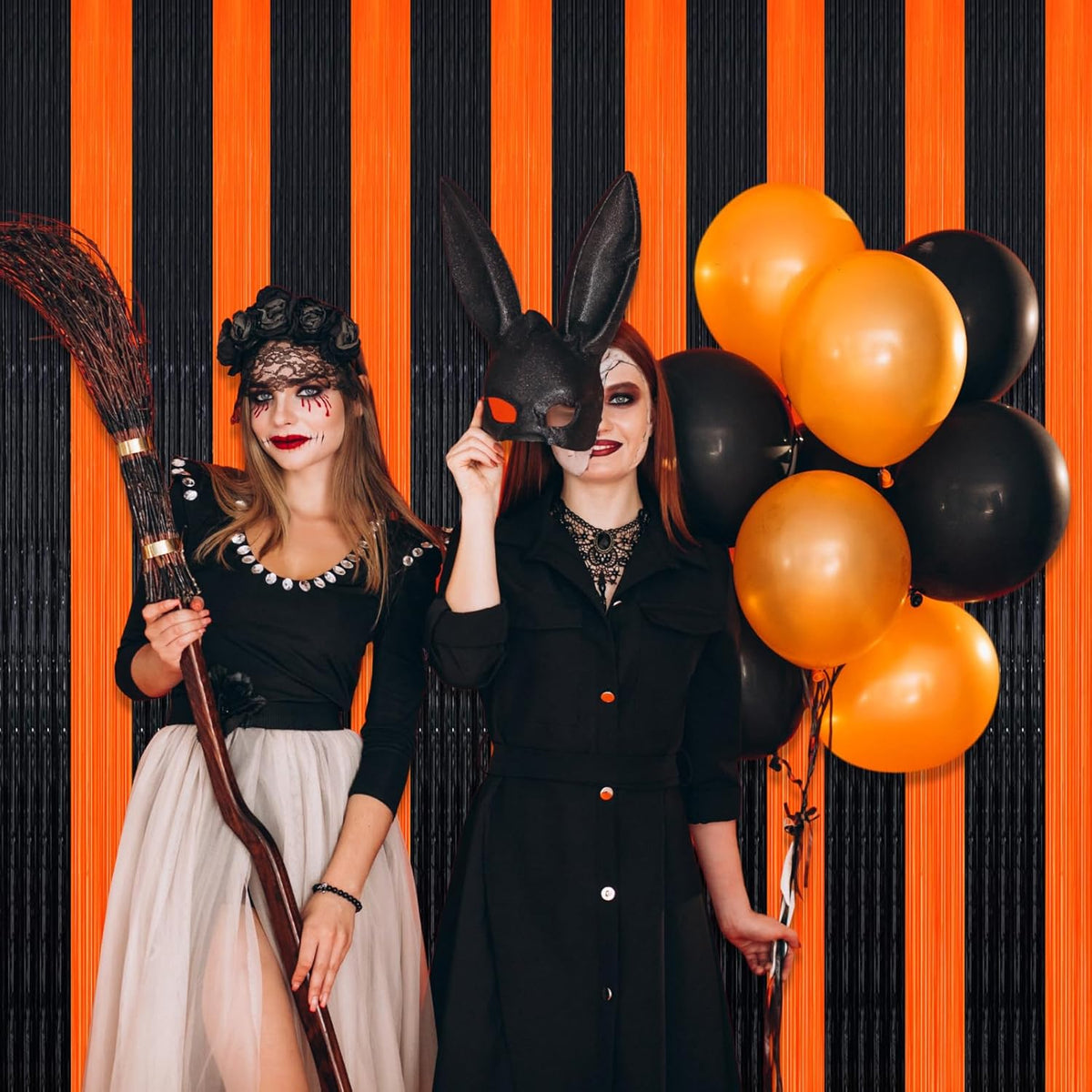 3 Pack Black Orange Foil Fringe Curtain Backdrop, 3.28Ft x 8.2Ft Metallic Tinsel Foil Fringe