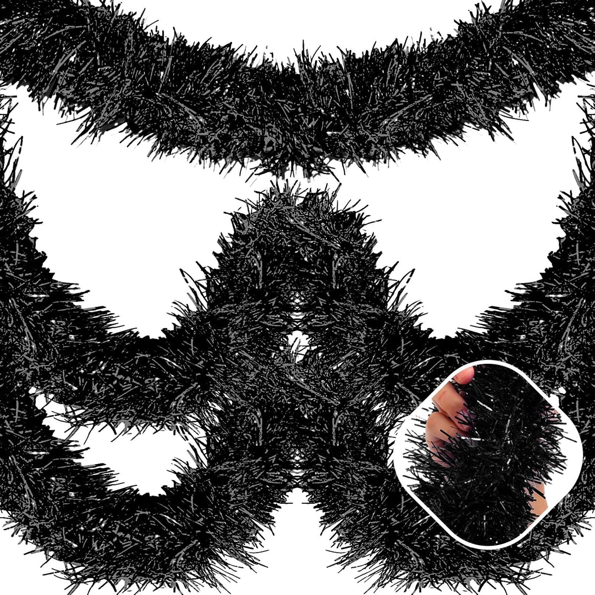 25 Feet Black Christmas Tinsel Garland, Metallic Foil Twist Garland Wall Hanging Tinsel Banner
