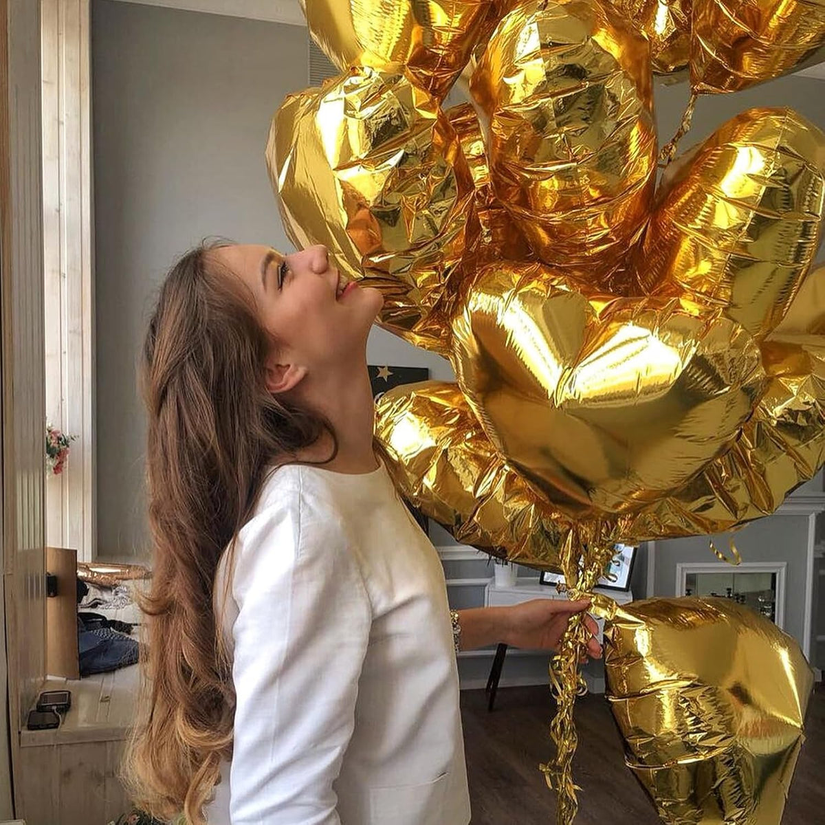 Gold Heart Foil Heart Shaped Balloons, 10PCS Gold Foil Heart Balloons Valentines Balloons, 18inch