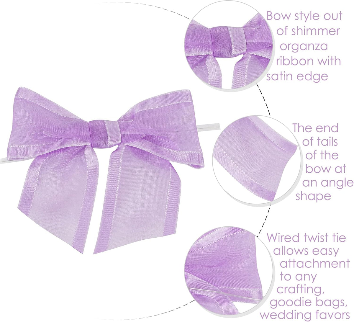AIMUDI Purple Bows for Crafts 4" Lavender Bows with Twist Ties Premade Lilac Bows Pre Tied Organza