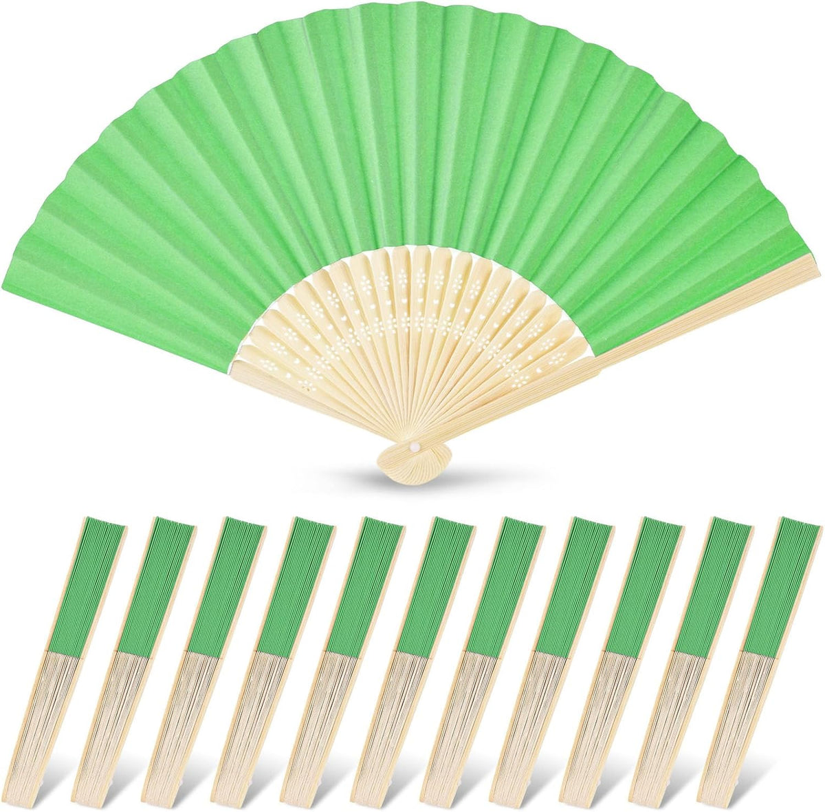 JOHOUSE 12PCS Foldable Hand Fan, 8.3 Inch Green Paper Fans for Woodland Baby Shower Decorations