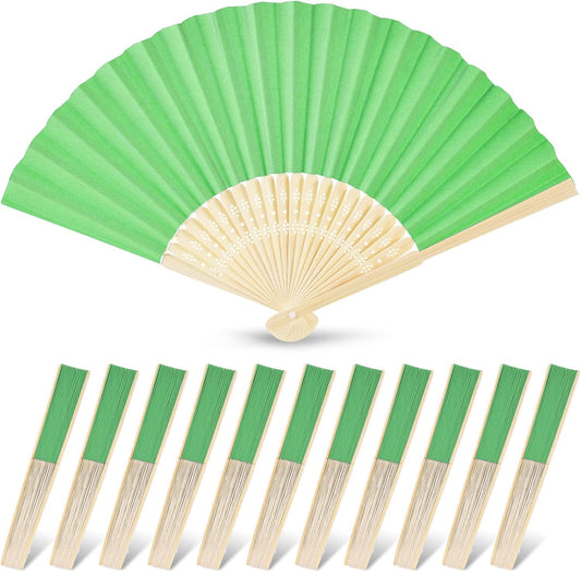 JOHOUSE 12PCS Foldable Hand Fan, 8.3 Inch Green Paper Fans for Woodland Baby Shower Decorations