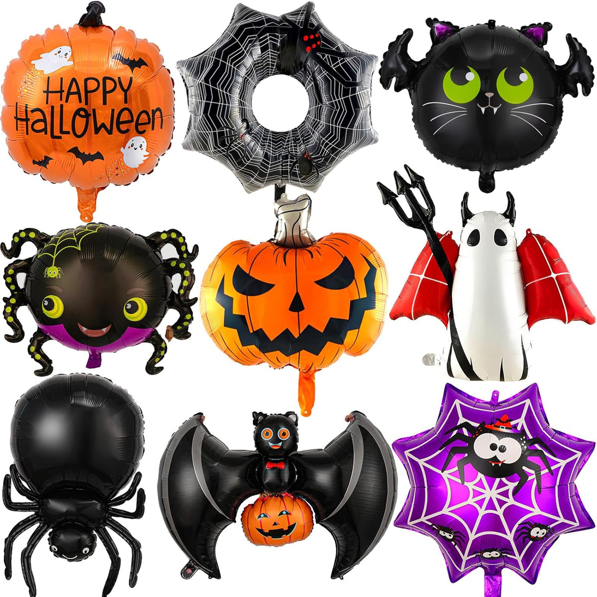 Halloween Balloons Set - 9Pcs Foil Ghost, Spider, Pumpkin & Bat Balloons for Scary Party